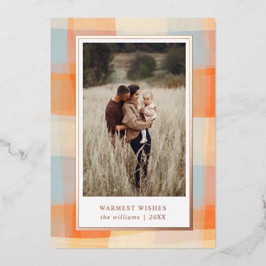 水彩の格子模様 |オレンジクリームブルー写真 箔シーズンカード (正面)