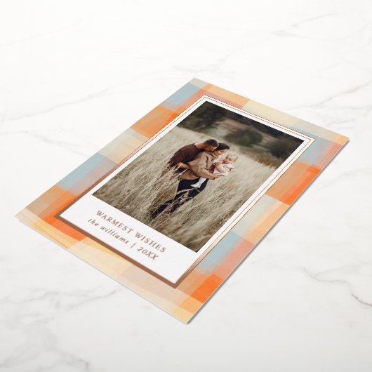 水彩の格子模様 |オレンジクリームブルー写真 箔シーズンカード (回転した状態)