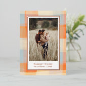 水彩の格子模様 |オレンジクリームブルー写真 箔シーズンカード (立ち正面)