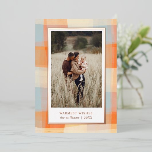 水彩の格子模様 |オレンジクリームブルー写真 箔シーズンカード (立ち正面)