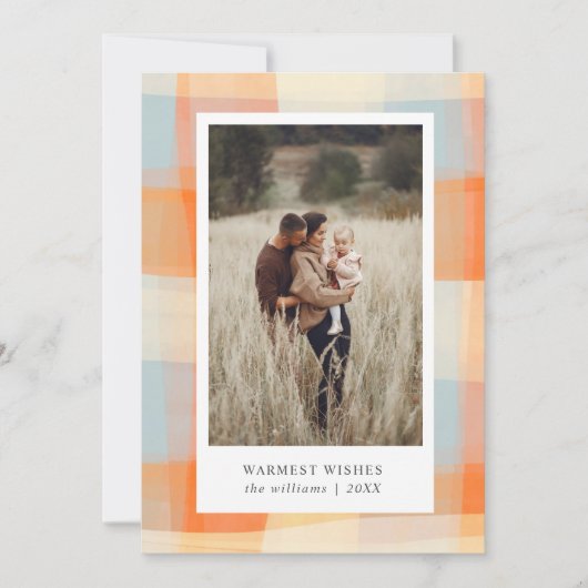 水彩の格子模様 |オレンジクリームブルー淡い色の2枚の写真 シーズンカード (正面)