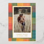 水彩の格子模様 |グリーンオレンジ色のフォトホリデー 箔シーズンカード (正面)