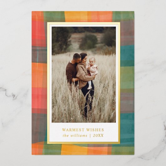 水彩の格子模様 |グリーンオレンジ色のフォトホリデー 箔シーズンカード (正面)