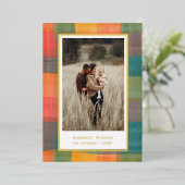 水彩の格子模様 |グリーンオレンジ色のフォトホリデー 箔シーズンカード (立ち正面)