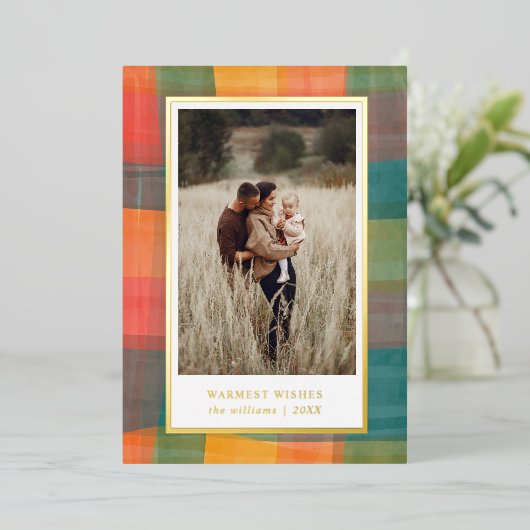 水彩の格子模様 |グリーンオレンジ色のフォトホリデー 箔シーズンカード (立ち正面)