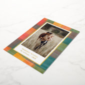 水彩の格子模様 |グリーンオレンジ色のフォトホリデー 箔シーズンカード (回転した状態)