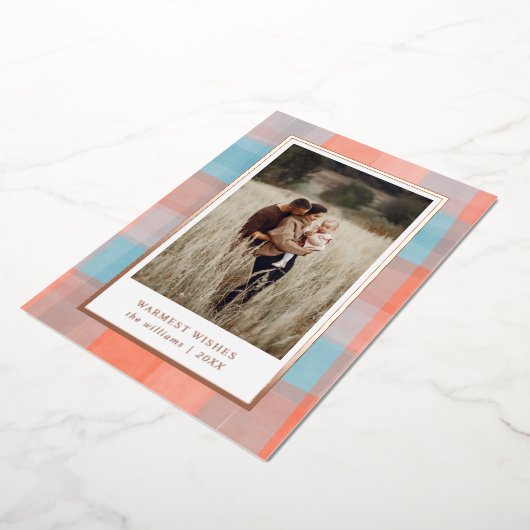 水彩の格子模様 |コーラルグレーブルーの写真 箔シーズンカード (回転した状態)