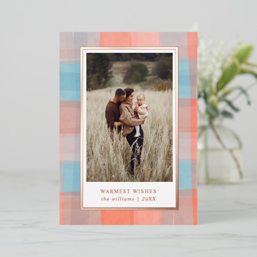 水彩の格子模様 |コーラルグレーブルーの写真 箔シーズンカード (立ち正面)