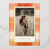 水彩の格子模様 |赤オレンジ色のクリーム写真 箔シーズンカード (正面)