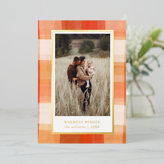 水彩の格子模様 |赤オレンジ色のクリーム写真 箔シーズンカード (立ち正面)