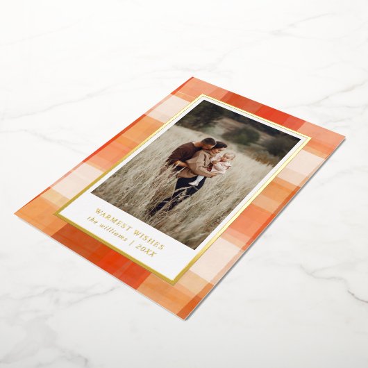 水彩の格子模様 |赤オレンジ色のクリーム写真 箔シーズンカード (回転した状態)