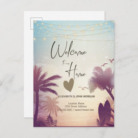 水彩の棕櫚のビーチ 案内ポストカード (正面/裏面)