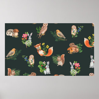 水彩の森と手描きのシームレスなパターン ポスター