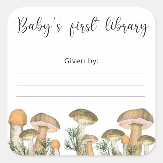 水彩の森のキノコ – ベビー初の図書館 スクエアシール (正面)