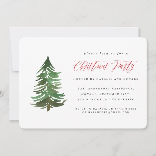 水彩の森のクリスマスパーティの招待状。 シーズンカード (正面)