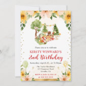 水彩の森の動物たちがピクニックを楽しむ子供の誕生日 招待状 (正面)