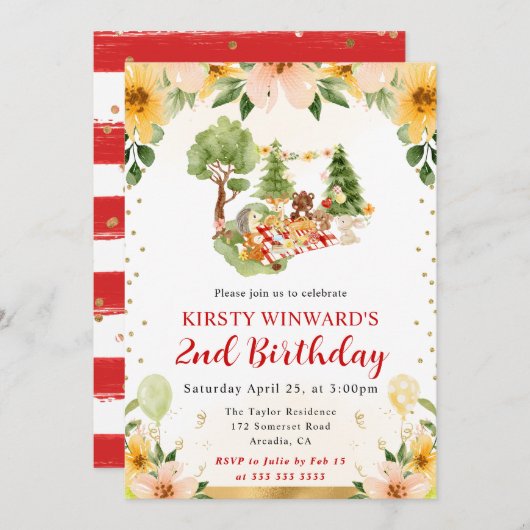 水彩の森の動物たちがピクニックを楽しむ子供の誕生日 招待状 (正面/裏面)