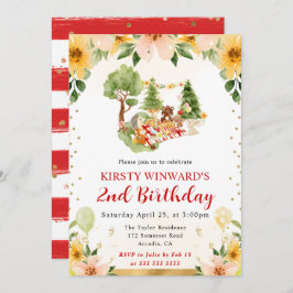 水彩の森の動物たちがピクニックを楽しむ子供の誕生日 招待状