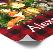 水彩の森の動物たちと森林の木々のチェック柄 ポスター (角)