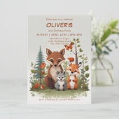 水彩の森の動物と緑の2歳の誕生日 招待状 (スタンド正面)