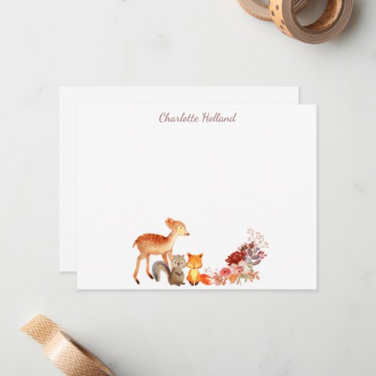 水彩の森の動物と花のカスタマイズステーショナリー ノートカード (正面/裏面インサイチュ)