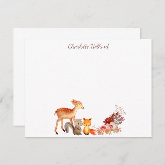 水彩の森の動物と花のカスタマイズステーショナリー ノートカード (正面/裏面)