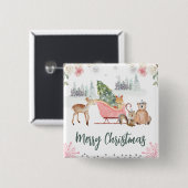 水彩の森の動物と花のクリスマス 缶バッジ (正面&裏面)