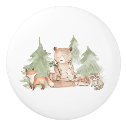 水彩の森の動物のベビーベッドルーム セラミックノブ (正面)