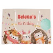 水彩の森の動物の子供の誕生日 ラージペーパーバッグ (正面)