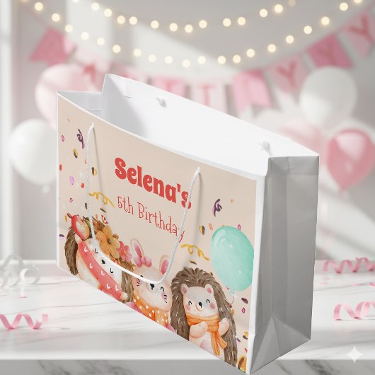 水彩の森の動物の子供の誕生日 ラージペーパーバッグ