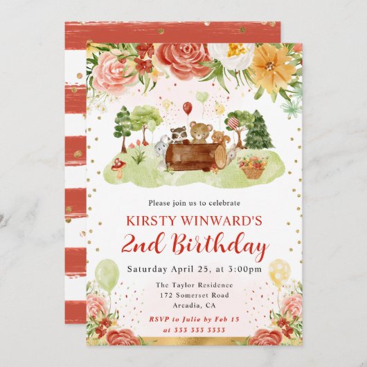 水彩の森の動物の子供の誕生日 招待状 (正面/裏面)