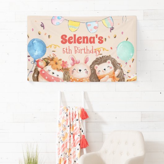 水彩の森の動物の子供の誕生日 横断幕 (インサイチュ)