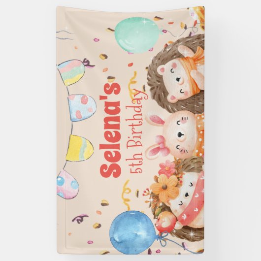 水彩の森の動物の子供の誕生日 横断幕 (縦)