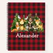 水彩の森の動物の木の赤い格子状スケッチ ノートブック (正面)
