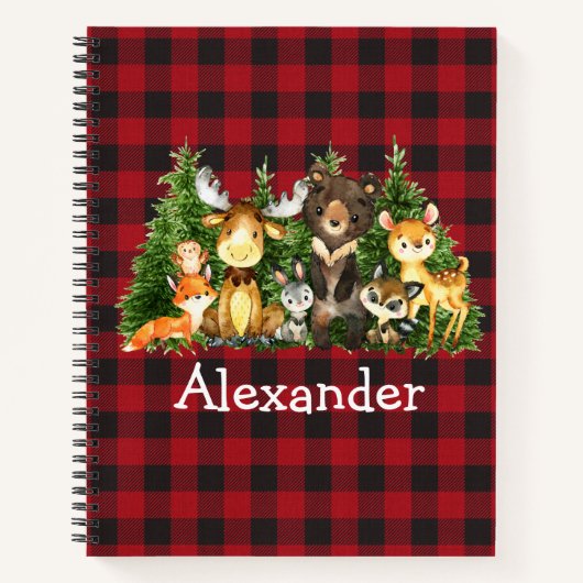 水彩の森の動物の木の赤い格子状スケッチ ノートブック (正面)