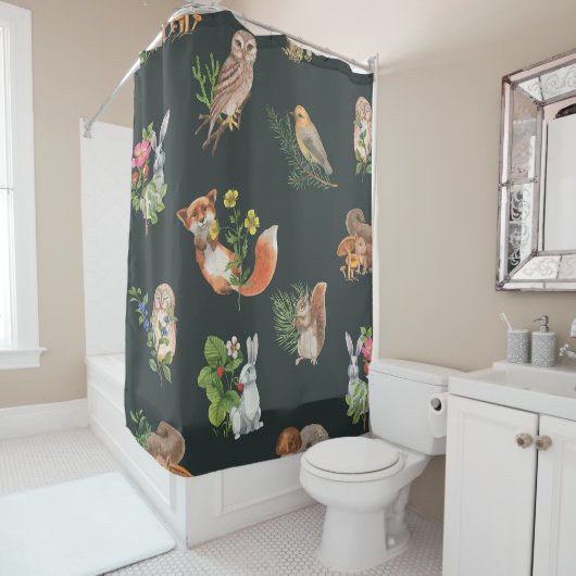 水彩の森の動物：かわいいシームレス シャワーカーテン (インサイチュ)