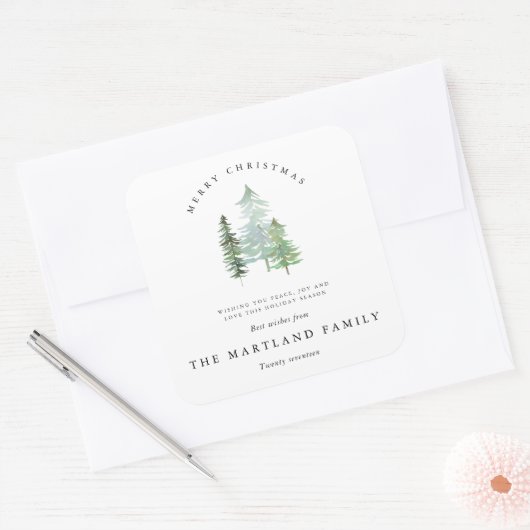 水彩の森の楽しいクリスマス スクエアシール (封筒)