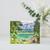 水彩の森の湖の鹿の風景 ポストカード (スタンド正面)