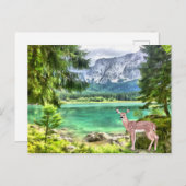 水彩の森の湖の鹿の風景 ポストカード (正面/裏面)