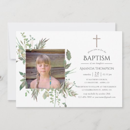 水彩の森の緑のバプテスマまたは《キリスト教》洗礼式や命名式 招待状 (正面)
