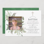 水彩の森の緑のバプテスマまたは《キリスト教》洗礼式や命名式 招待状 (正面/裏面)
