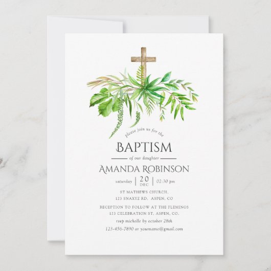 水彩の森の緑のバプテスマまたは《キリスト教》洗礼式や命名式 招待状 (正面)