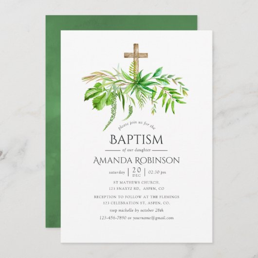 水彩の森の緑のバプテスマまたは《キリスト教》洗礼式や命名式 招待状 (正面/裏面)