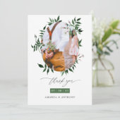 水彩の森の緑結婚の写真コラージュ サンキューカード (スタンド正面)