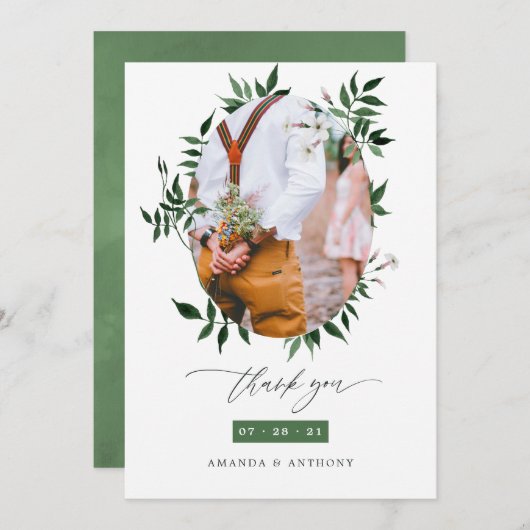 水彩の森の緑結婚の写真 サンキューカード (正面/裏面)