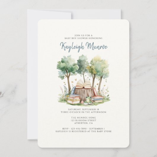 水彩の森の赤ちゃん男の子のシャワー 招待状 (正面)