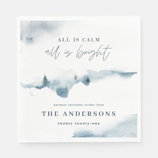 水彩の森の青ミニマルいクリスマスパーティー スタンダードランチョンナプキン (正面)