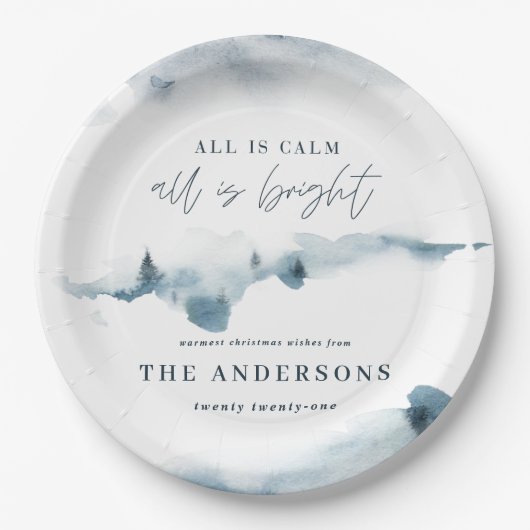 水彩の森の青ミニマルいクリスマスパーティー ペーパープレート (正面)