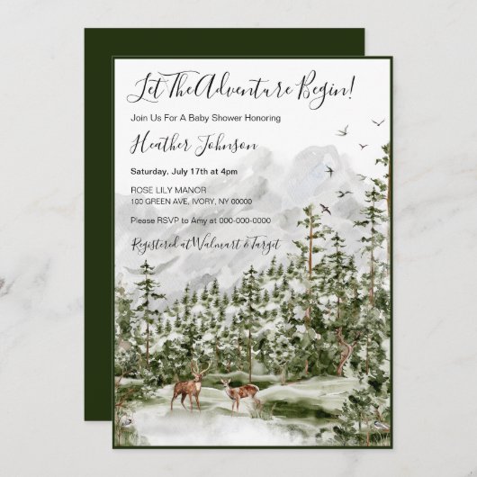 水彩の森の鹿の赤ちゃんシャワー 招待状 (正面/裏面)