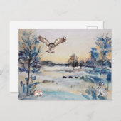 水彩の森ふくろううさぎ冬の風景 ポストカード (正面/裏面)